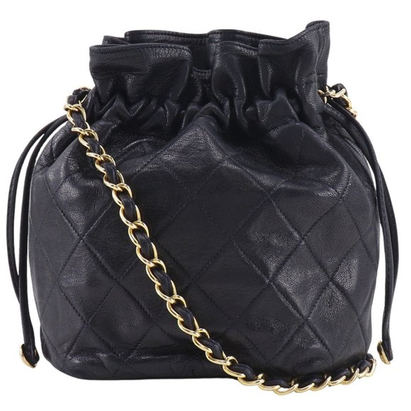 CHANEL Chain Shoulder Bag, Matelasse Lambskin, Black, Drawstring Purse, Women's - Picture 1 of 10